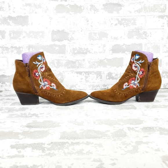 Carlos Vivien Brown Suede Floral Block Heel Zip Up Ankle Boots O190 - Picture 7 of 13